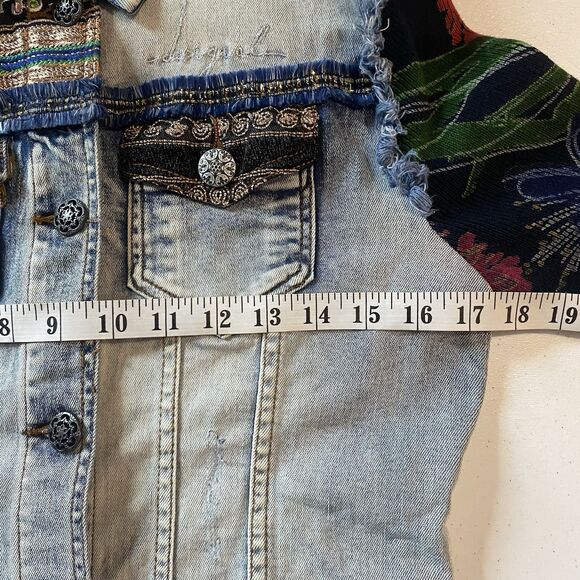 DESIGUAL Denim Jacket Womens EU 36 (US 6) Designer Artistic Knit Sleeve Boho - Picture 7 of 13